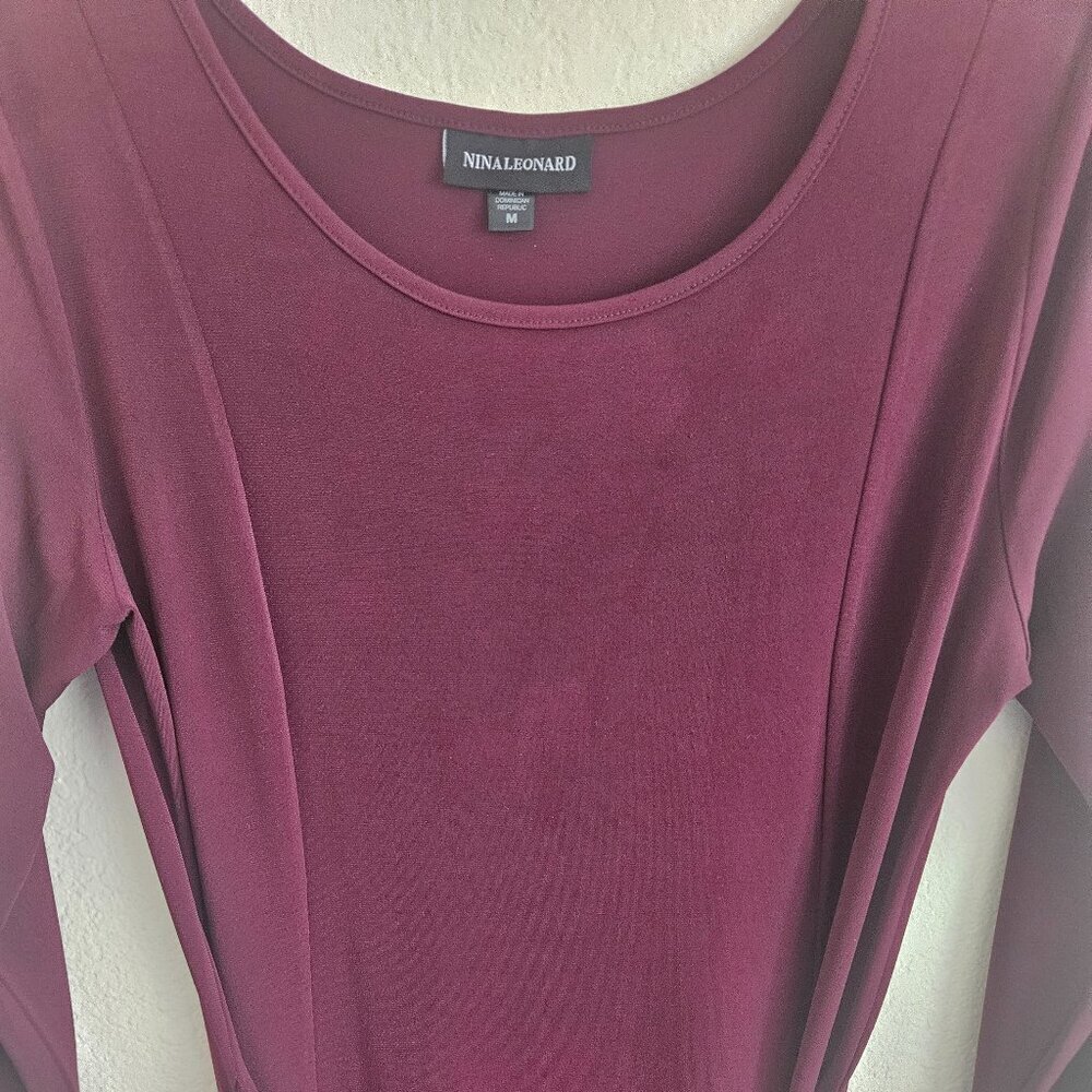 Nina Leonard dark red Burgundy Holiday dress 3/4 sleeve black belt M - Picture 4 of 5